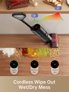 Dreame H12 Pro cleaning up wet and dry messes on kitchen floor with smart sensor