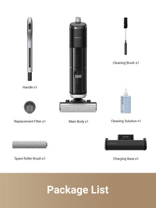 Dreame H14 Pro Wet and Dry Vacuum package list with accessories and components displayed