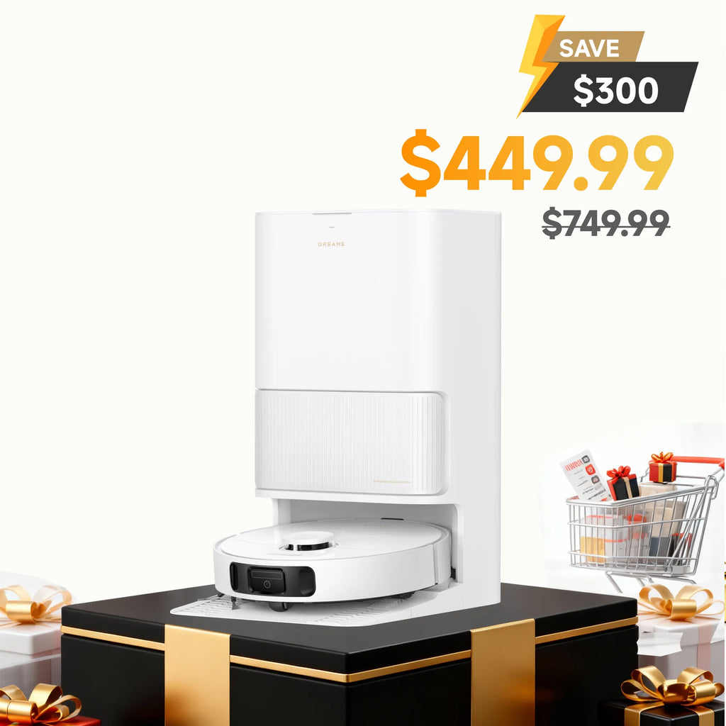 White Dreame robot vacuum and mop gliding across a clean floor, showcasing the powerful suction and mopping combo for spotless results.