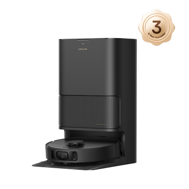 Dreame L40s Ultra CE Robot Vacuum and Mop in a black base station, shown with a 3-year warranty emblem.