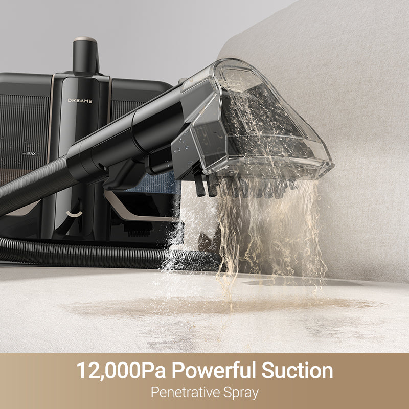 Dreame N10 Spot Cleaner showcasing 12000Pa suction with deep cleaning hose in action.