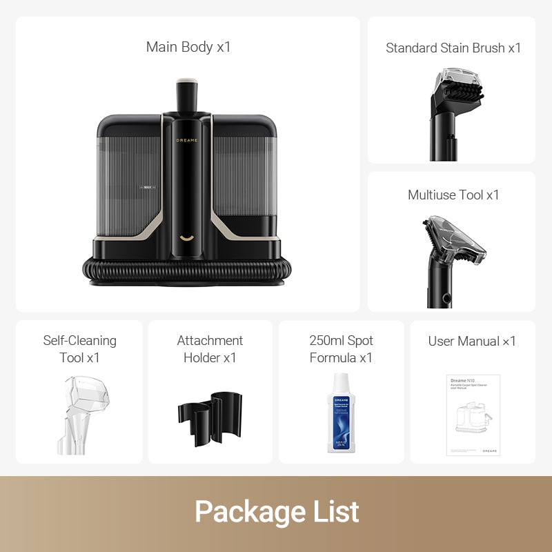 Dreame N10 Portable Carpet Spot Cleaner package contents with tools and user manual.