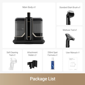Dreame N10 Portable Carpet Spot Cleaner package contents with tools and user manual.