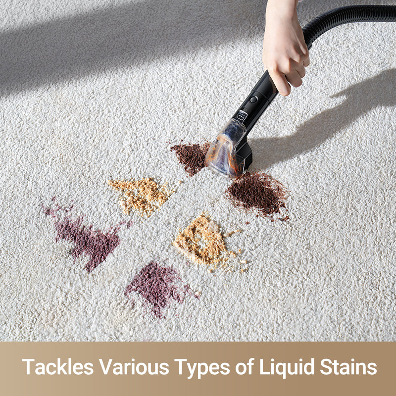 Dreame N10 Spot Cleaner removing yellow, purple, and brown stains from carpet surface.