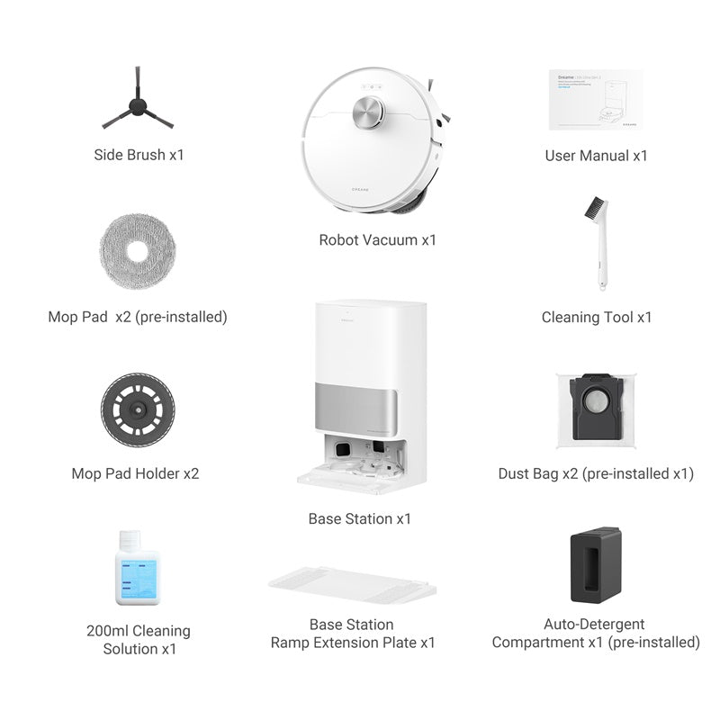 Dreame L10s Ultra Gen 2 Robot Vacuum accessory kit components laid out.