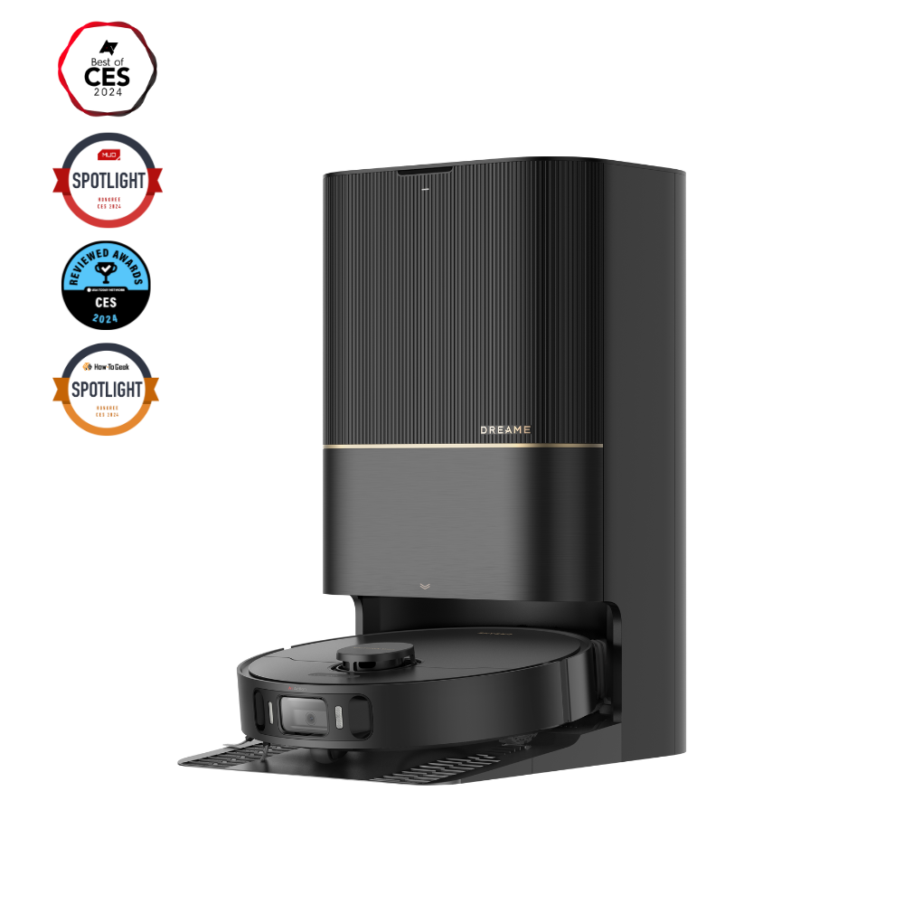 Dreame X30 Ultra robot vacuum with auto-cleaning station and award badges