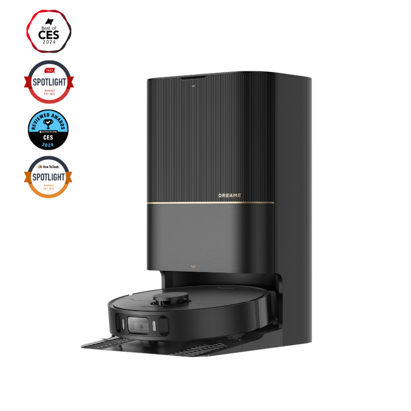 Dreame X30 Ultra robot vacuum with auto-cleaning station and award badges