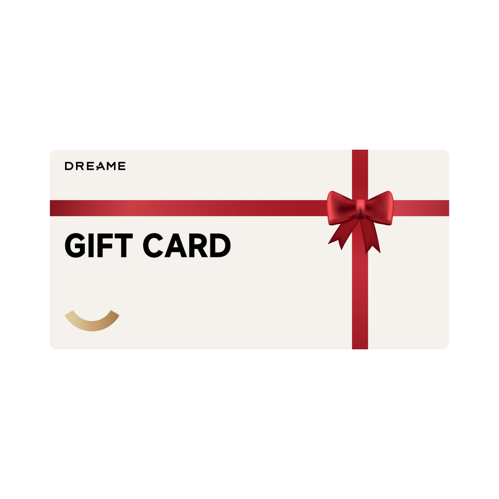 Dreame gift card design with red bow and ribbon.