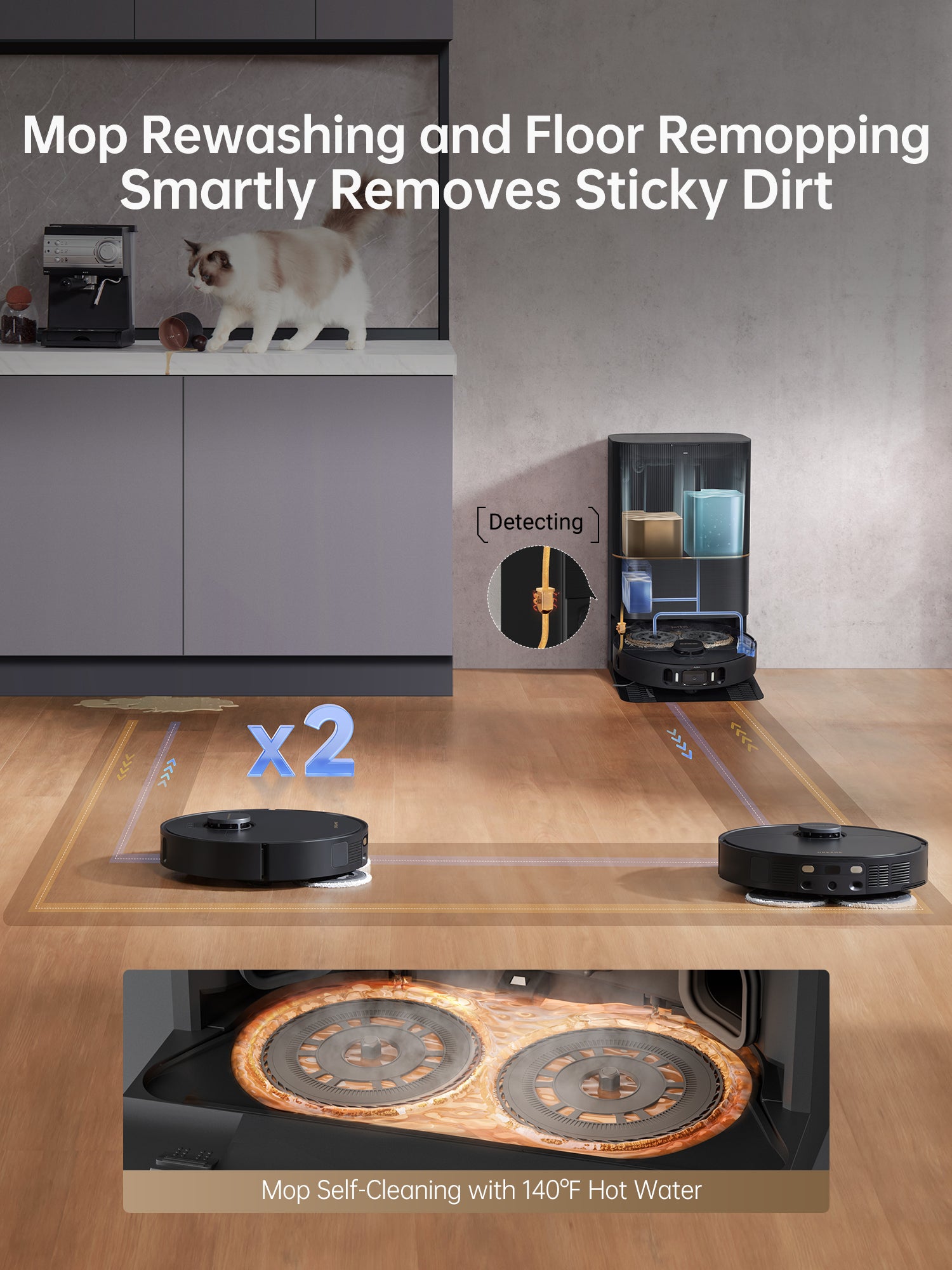 Dreame X30 Ultra robot vacuum performing self-cleaning with hot water mop feature