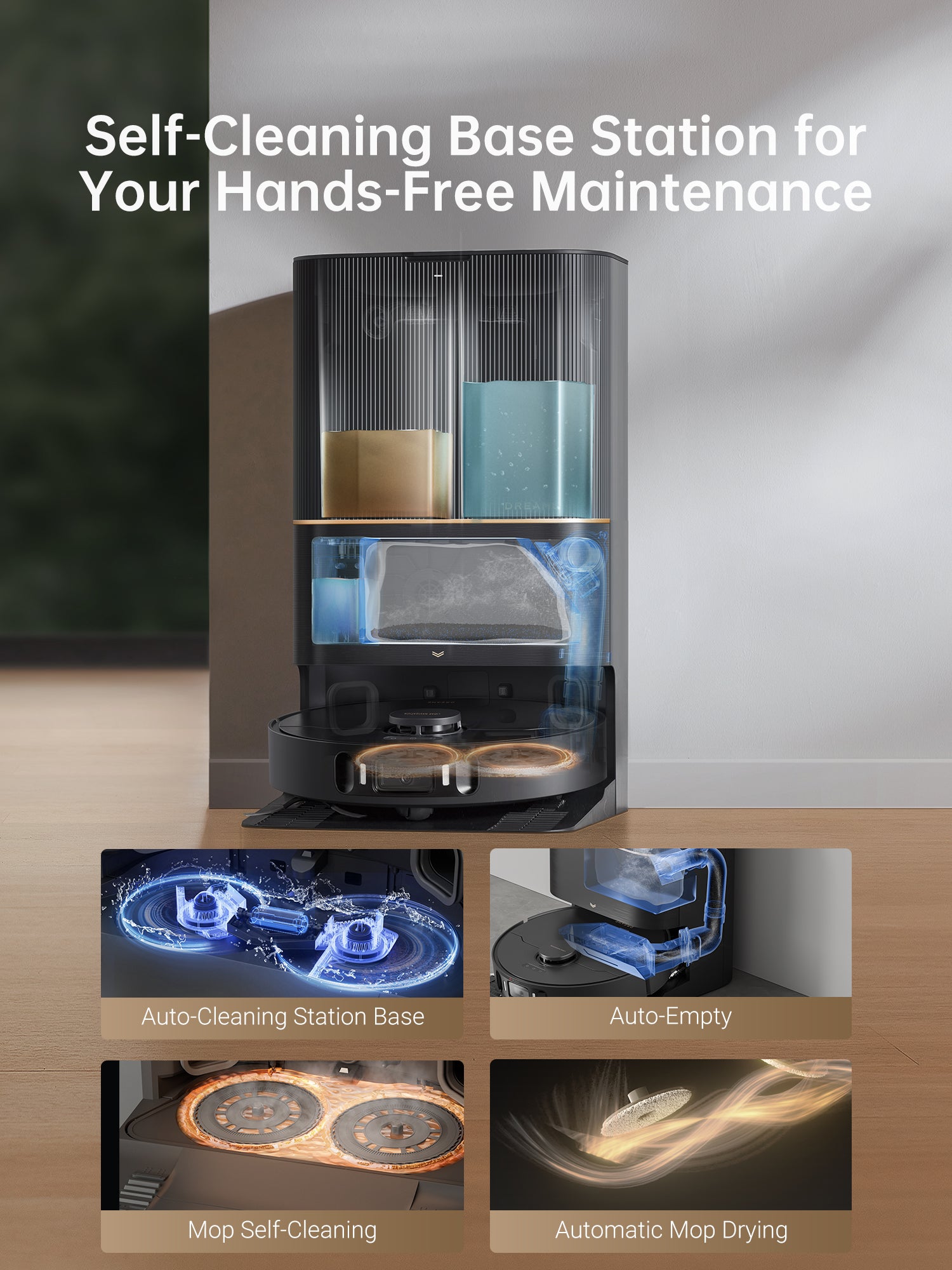 Dreame X30 Ultra self-cleaning base station with auto-empty and mop drying functions.