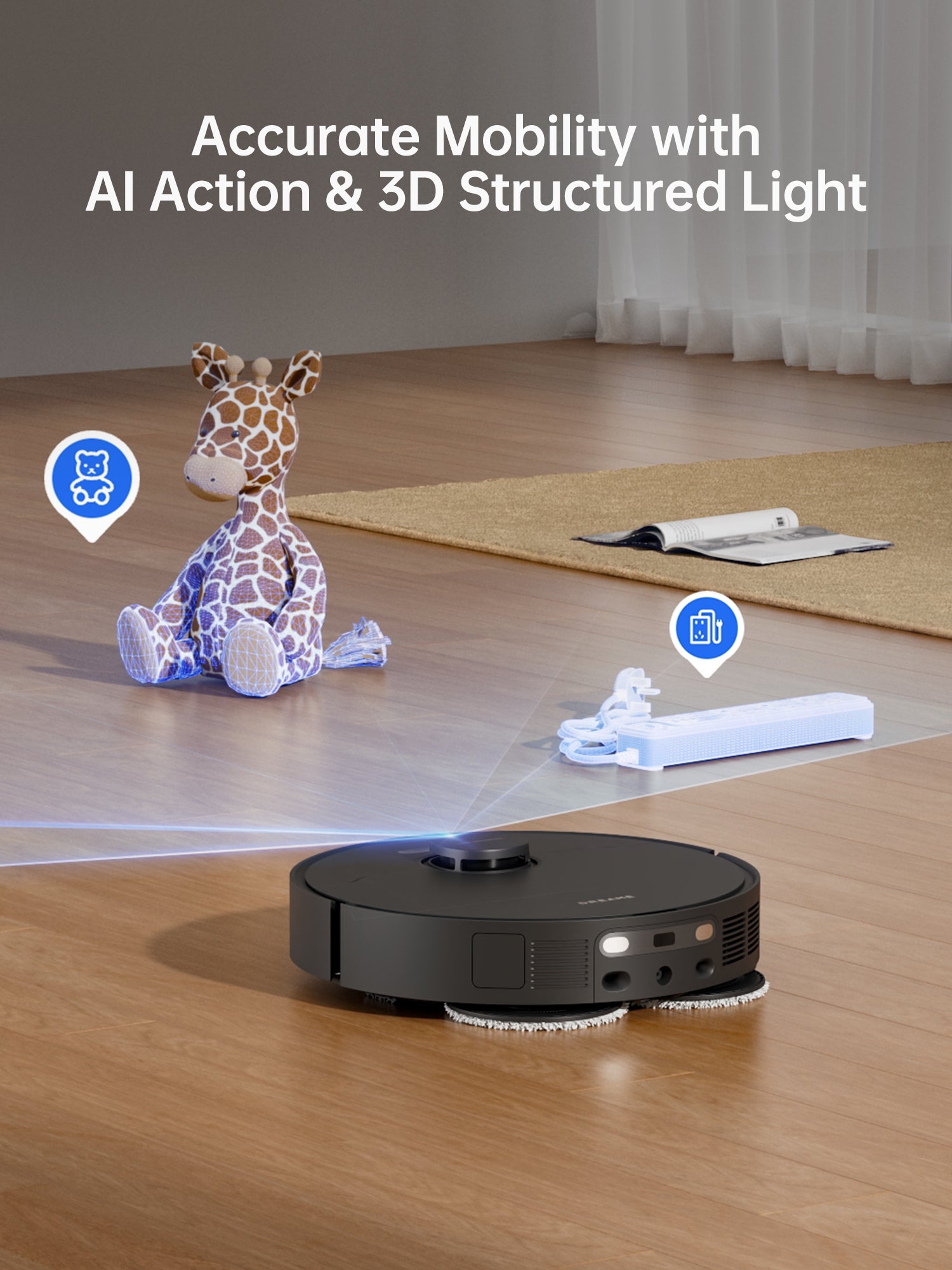 Dreame X30 Ultra robot vacuum using AI for navigation near a giraffe toy.