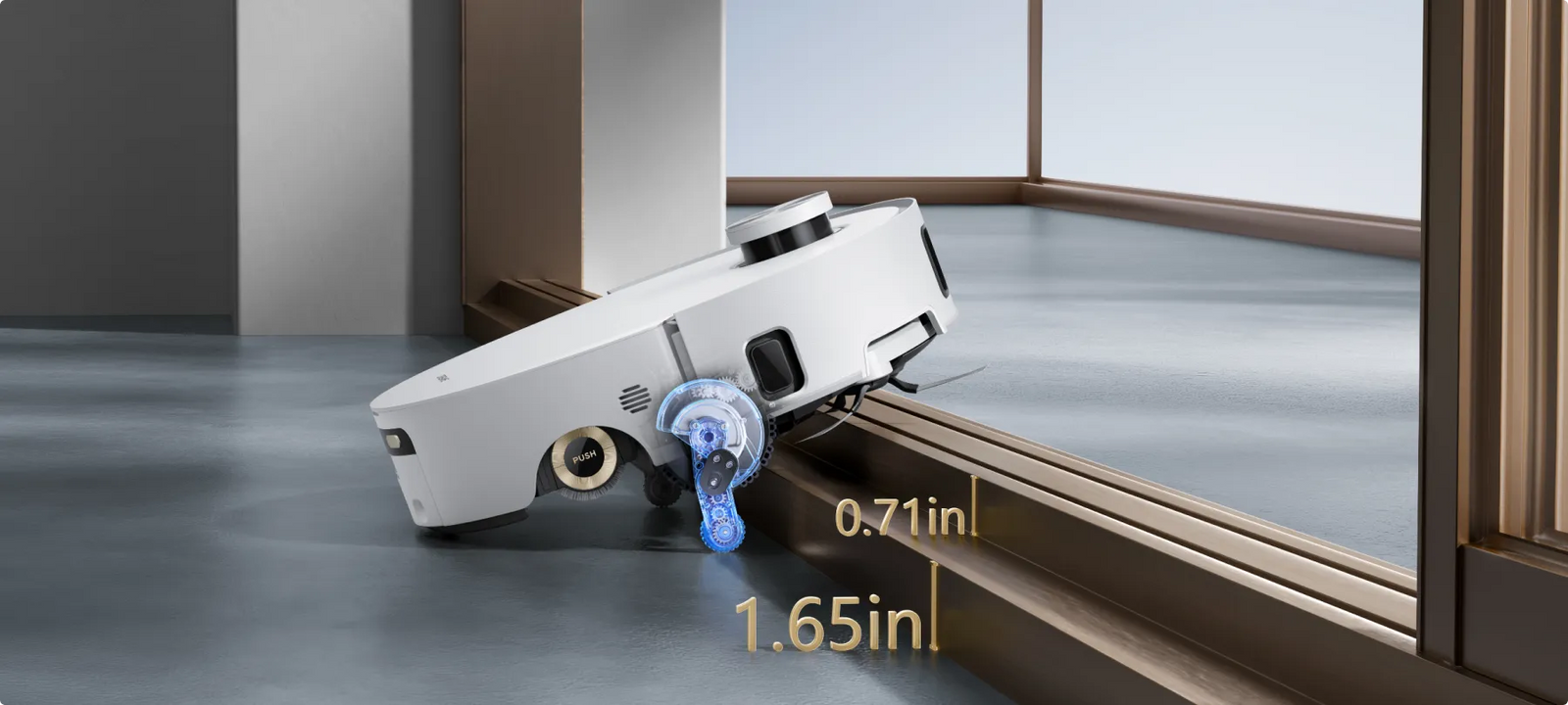 Dreame Aqua10 Roller ProLeap ზღურბლის გადალახვისას