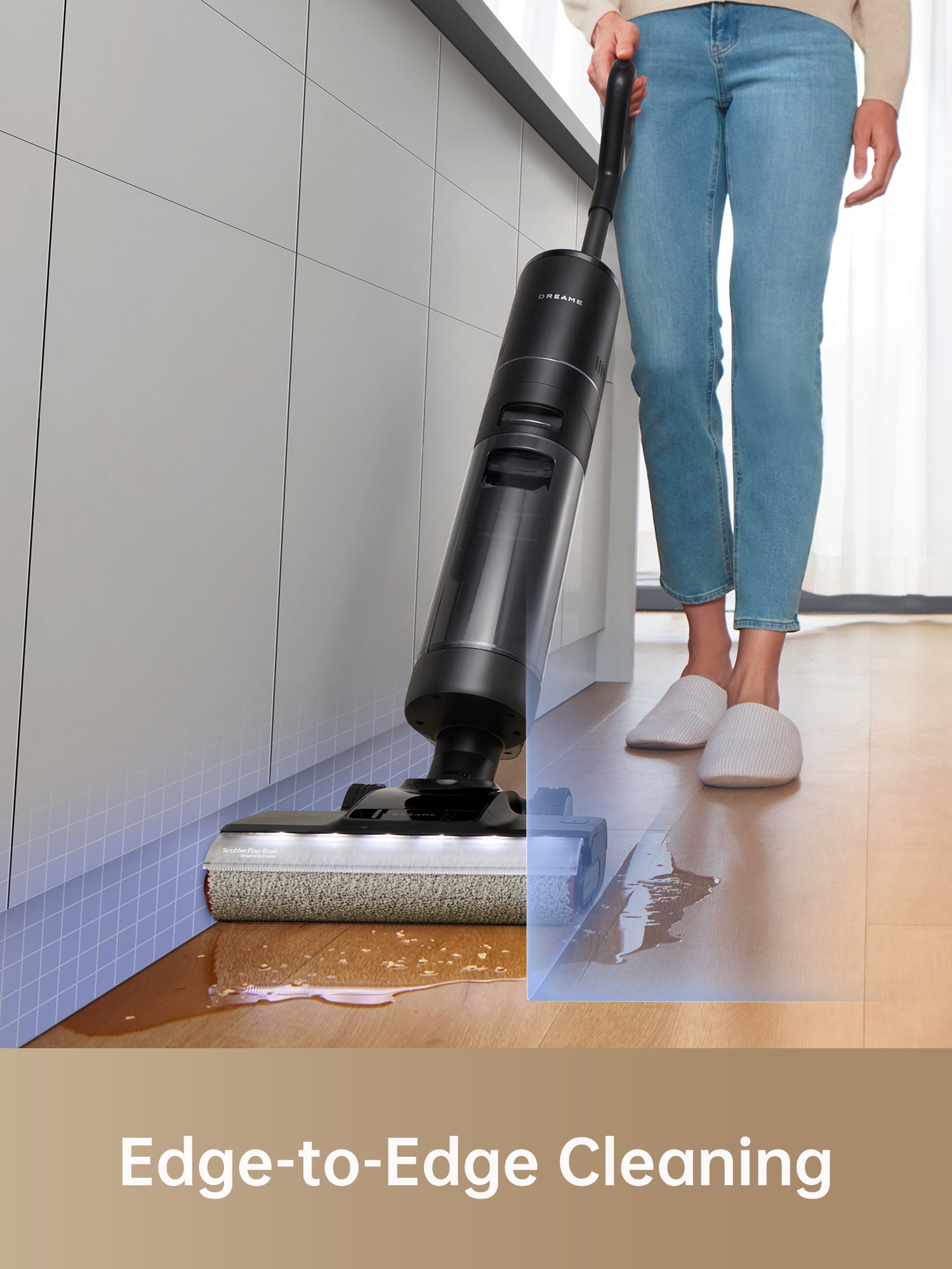 Dreame H13 Pro vacuum performing edge-to-edge cleaning on wet floor.