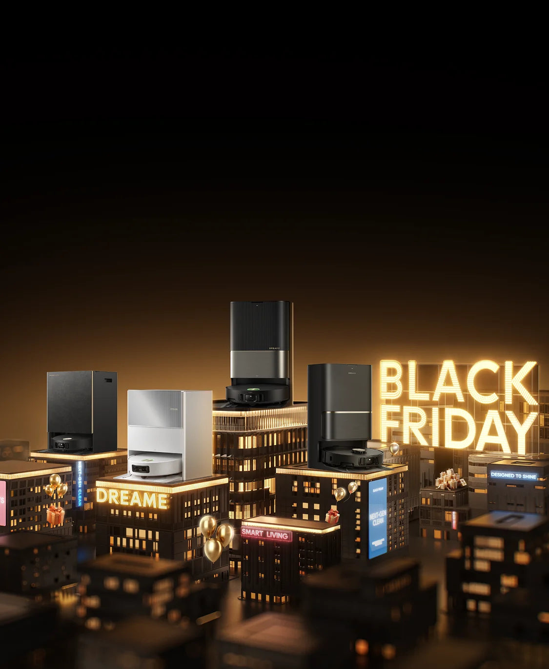 Black Friday Robot Vacuum cleaner deals featuring multiple Dreame models on glowing city background.