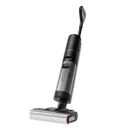 Dreame H12 Pro Wet Dry Vacuum tilted forward to show the transparent water tank and roller head during Black Friday offers.