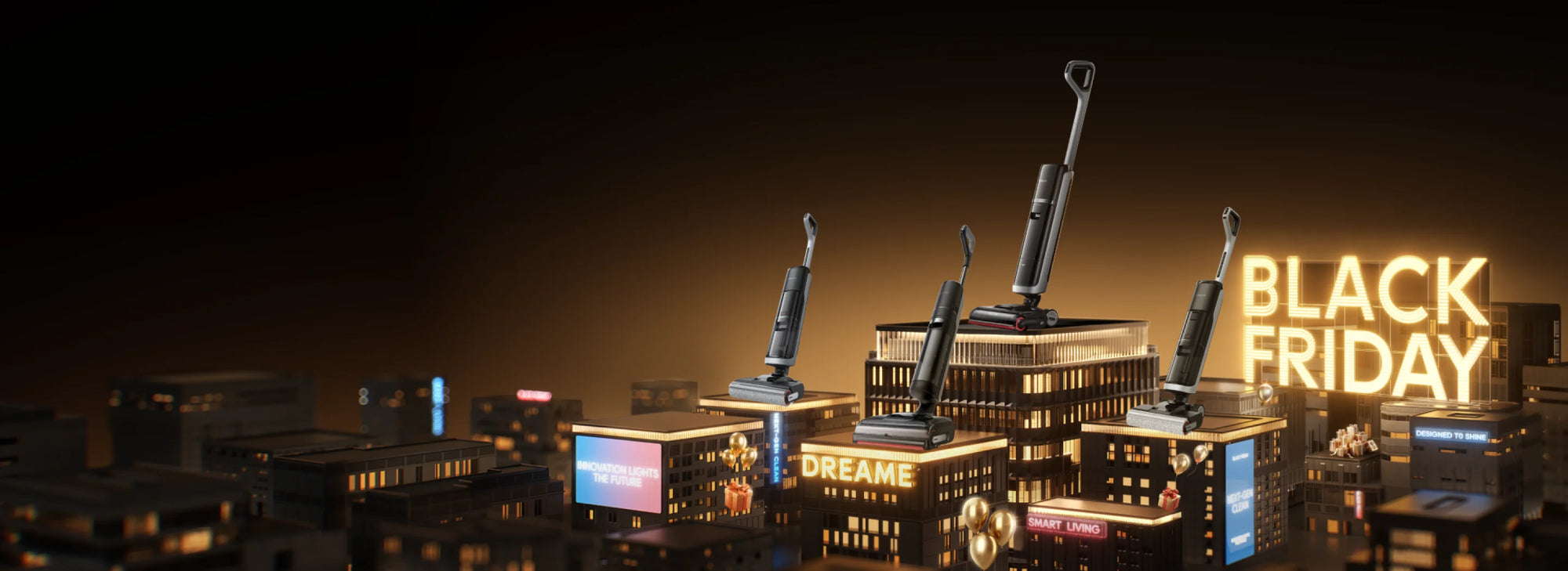 Dreame wet dry vacuum cleaners displayed on city buildings during Black Friday sale event with glowing lights.