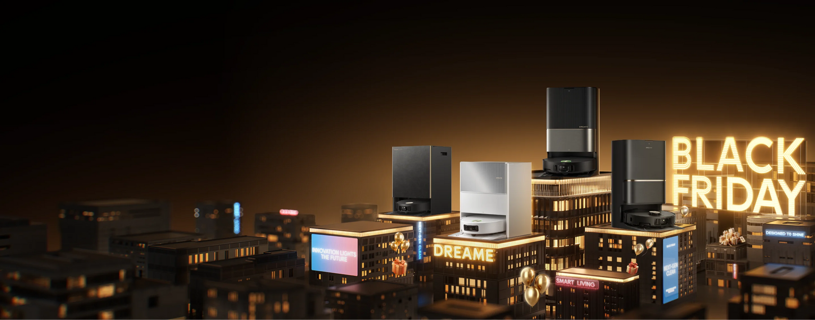 Black Friday Robot Vacuum cleaner deals featuring multiple Dreame models on glowing city background.