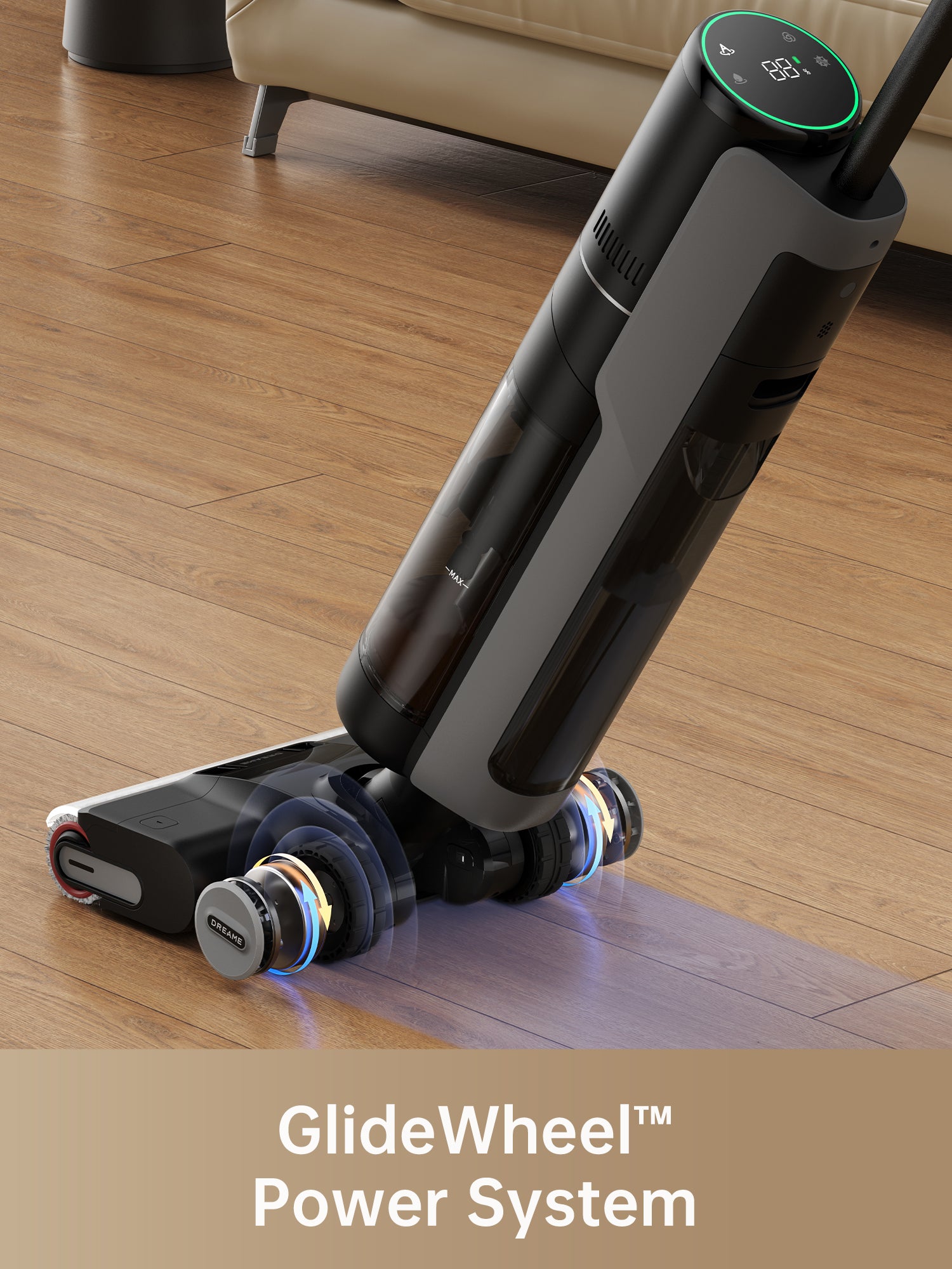 Dreame H13 Pro vacuum showcasing GlideWheel™ Power System technology on hardwood floor.