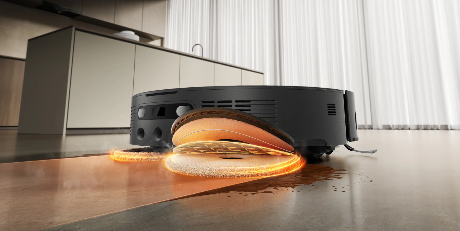 Dreame L60 Pro Ultra robot vacuum hot-water mopping a spill on a kitchen floor.