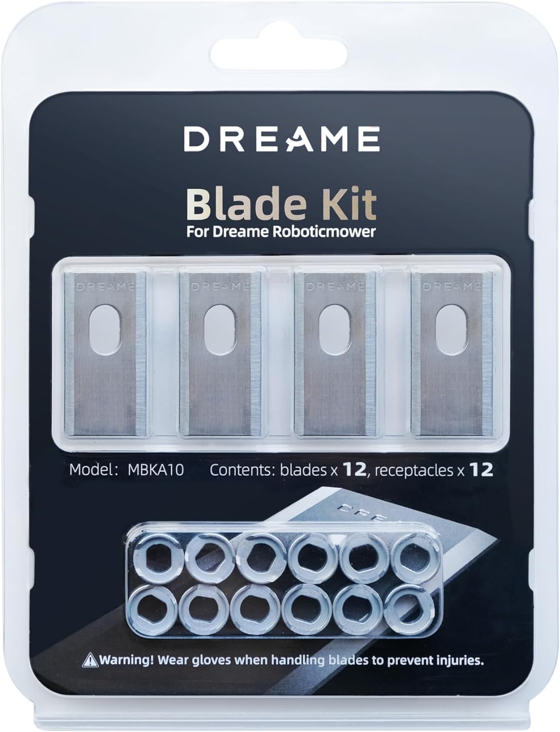 Dreame roboticmower blade kit with 12 blades and receptacles in packaging.