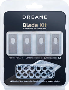 Dreame roboticmower blade kit with 12 blades and receptacles in packaging.