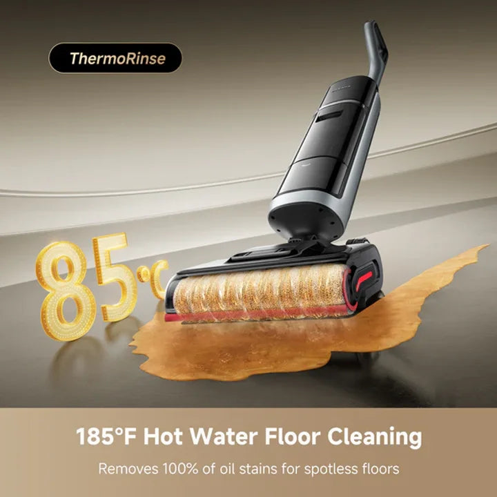 H15 Pro Heat cordless floor vacuum using 185°F hot water to dissolve kitchen grease.