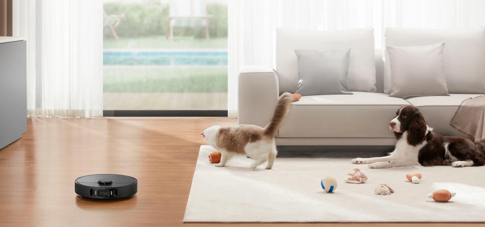 Robot Vacuums for Pet Hair cleaning near a cat and dog, highlighting obstacle avoidance and effective pet mess removal.