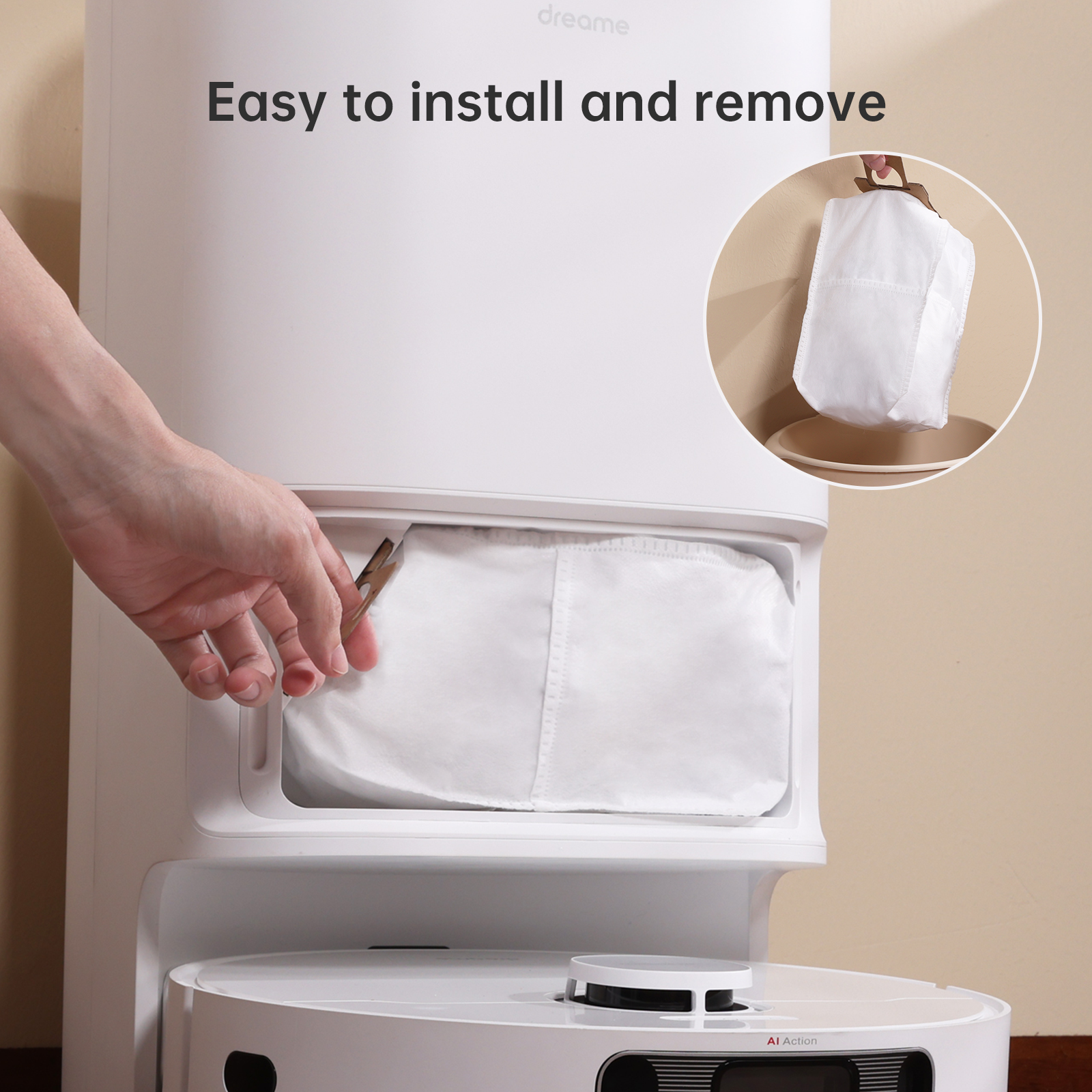 Inserting a Dreame L10s Ultra dust bag into the vacuum, demonstrating easy replacement.