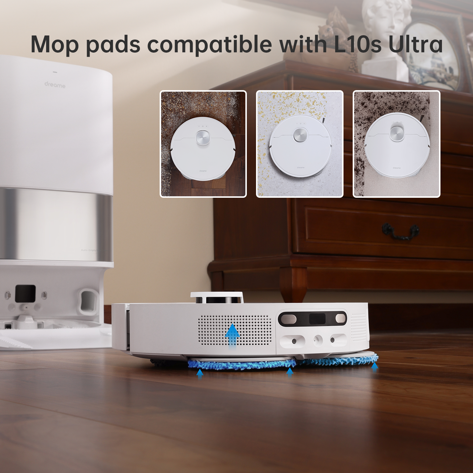 Dreame L10s Ultra robot vacuum with compatible gray rotary mop pads on wooden floor