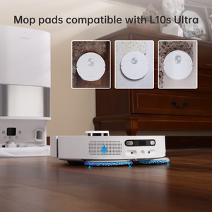 Dreame L10s Ultra robot vacuum with compatible gray rotary mop pads on wooden floor