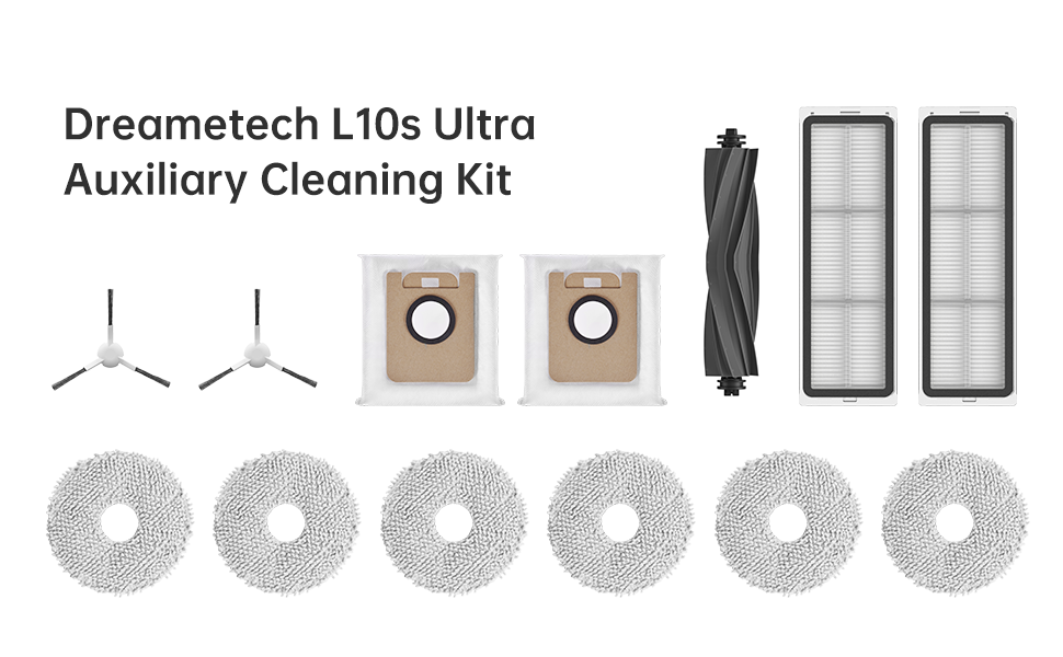 Dreame L10s Ultra Auxiliary Cleaning Kit with filters, brushes, mop pads, and dust bags