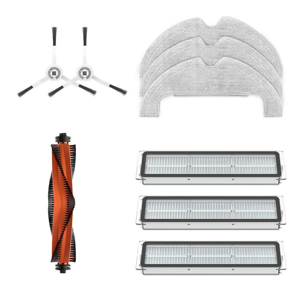 Dreame D10 Plus accessory kit: side brushes, washing mops, main brush, filters.