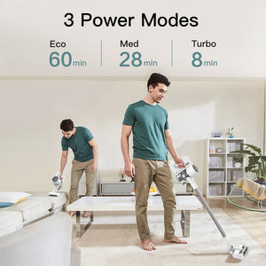 User demonstrating Dreame T10 cordless vacuum in Eco mode with 60 min runtime.