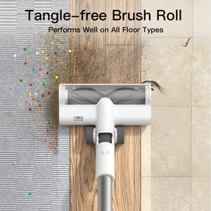 Dreame T10 Cordless Stick Vacuum with tangle-free brush roll on various floor types.