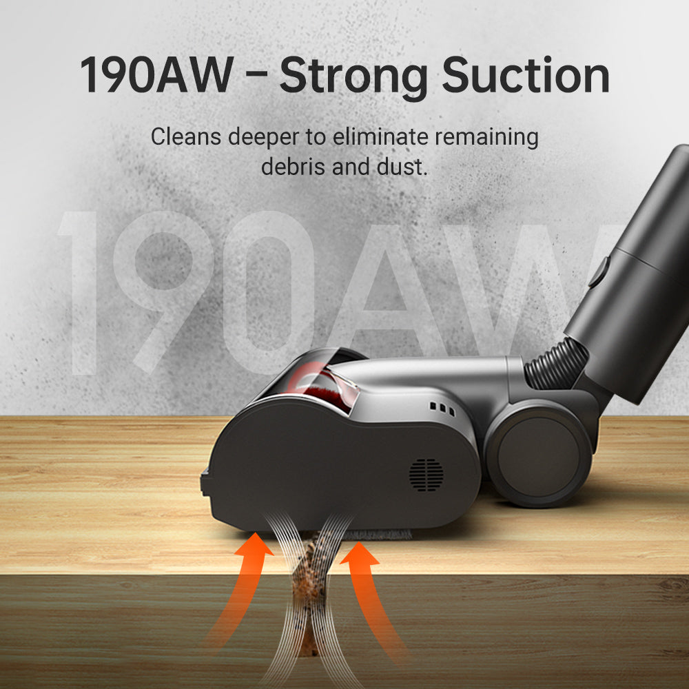 Dreame T30 Cordless Stick Vacuum showcasing 190AW suction power on a wooden surface