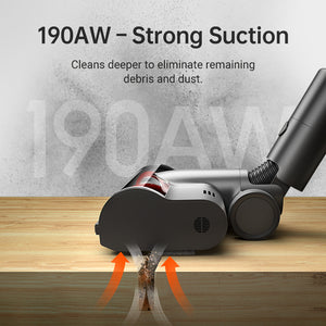 Dreame T30 Cordless Stick Vacuum showcasing 190AW suction power on a wooden surface