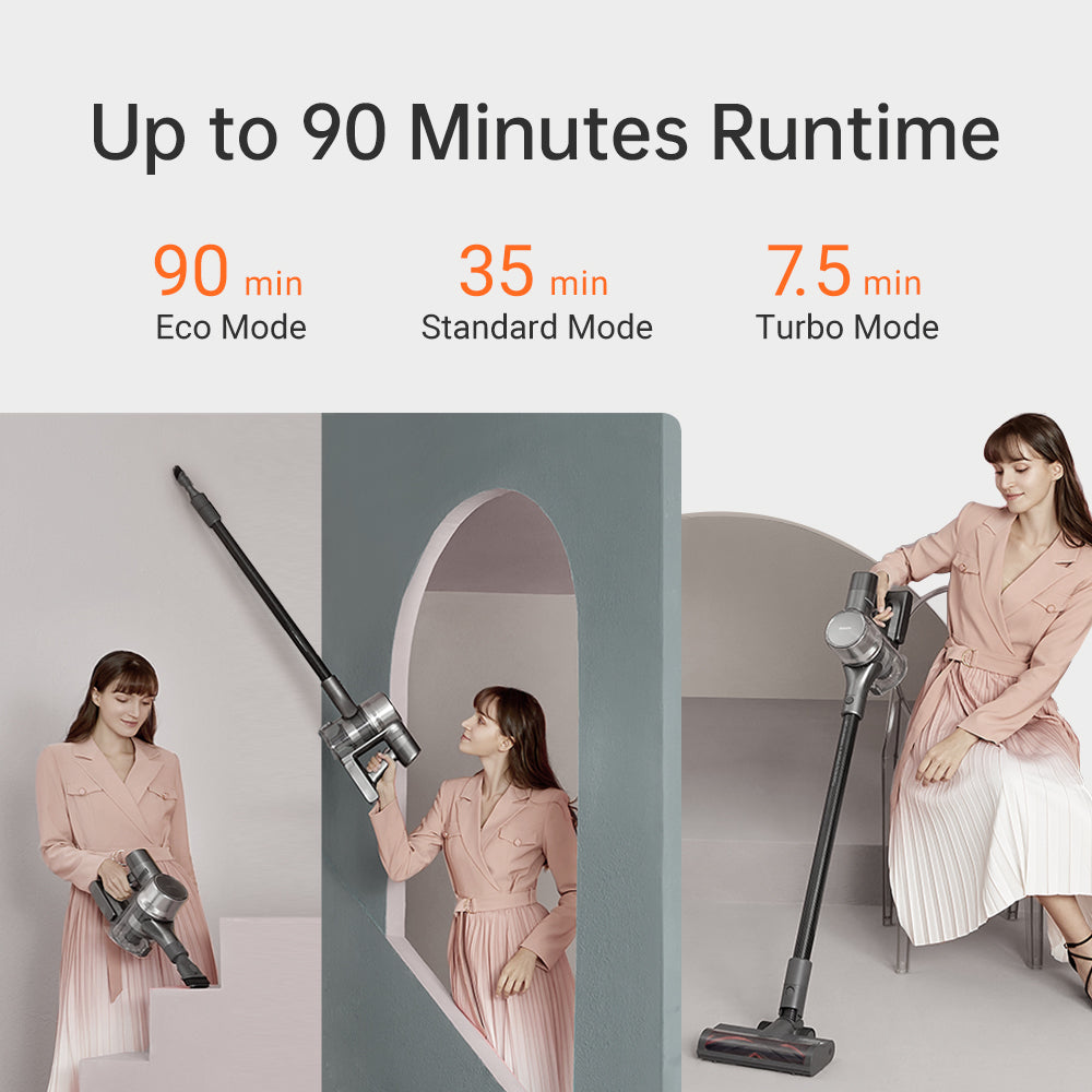 Dreame T30 Cordless Stick Vacuum runtime modes: 90 min Eco, 35 min Standard, 7.5 min Turbo
