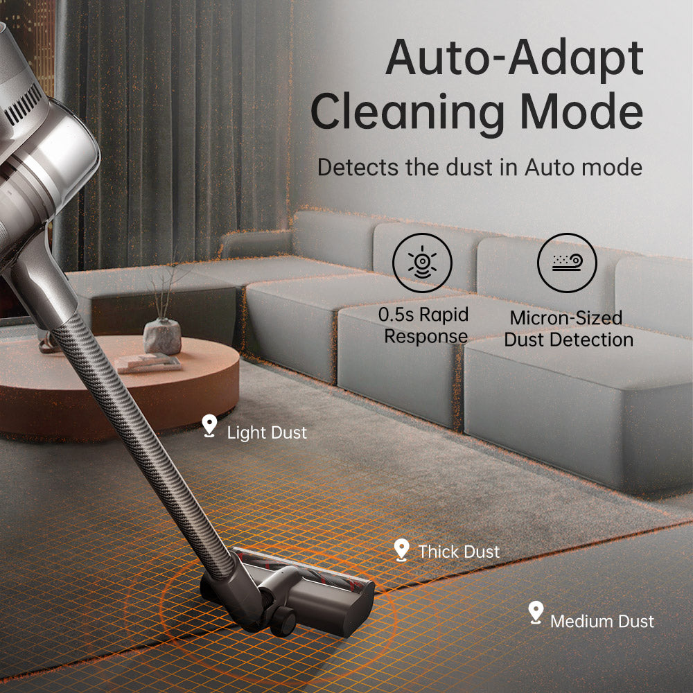 Dreame T30 Cordless Stick Vacuum in Auto mode detecting various dust sizes.