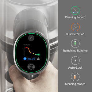 Dreame T30 display showing dust level and runtime while cleaning