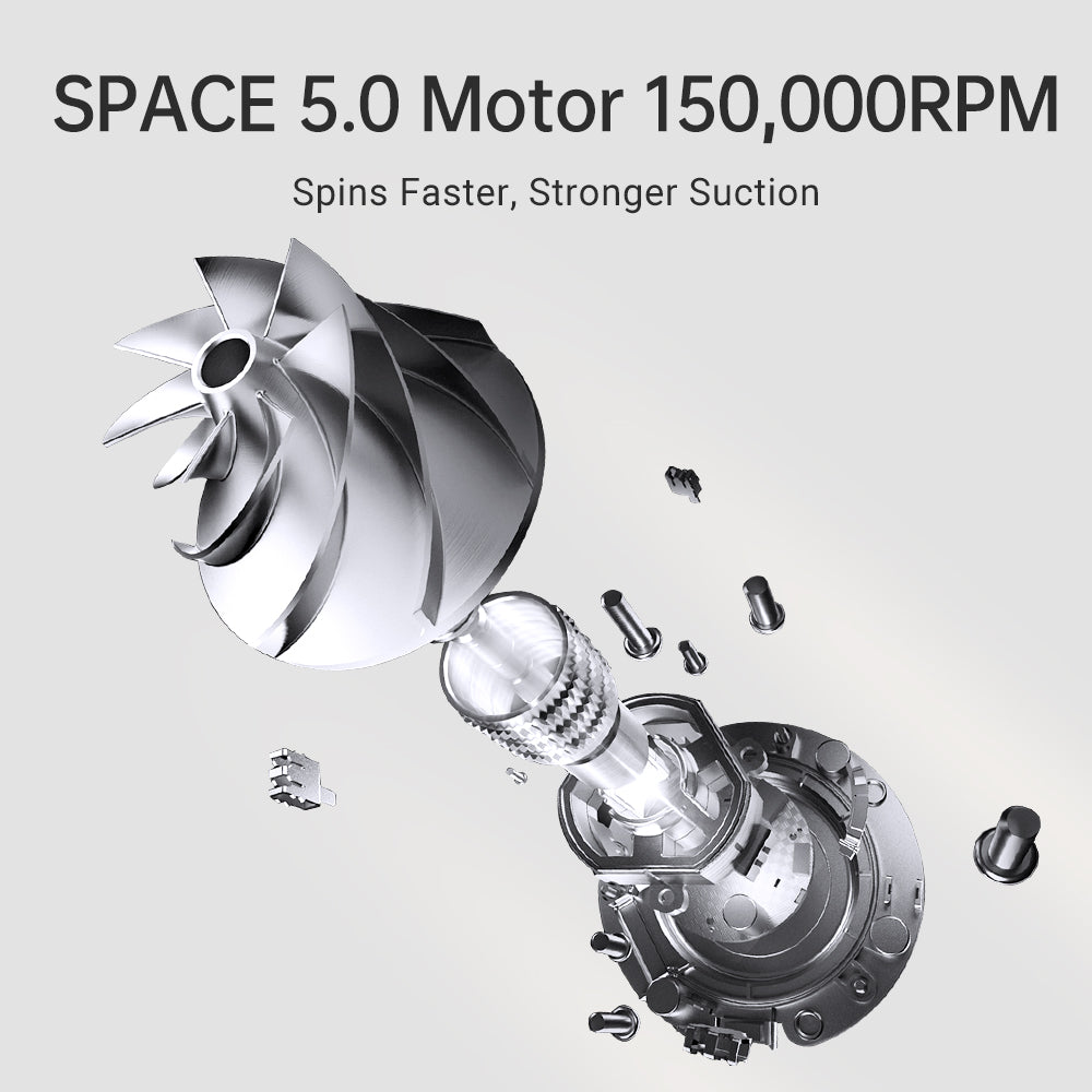 Dreame T30 SPACE 5.0 motor illustration showing 150,000 RPM for powerful suction.