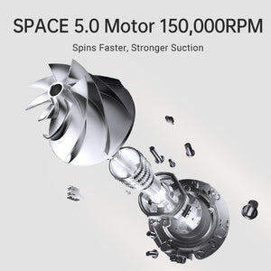 Dreame T30 SPACE 5.0 motor illustration showing 150,000 RPM for powerful suction.